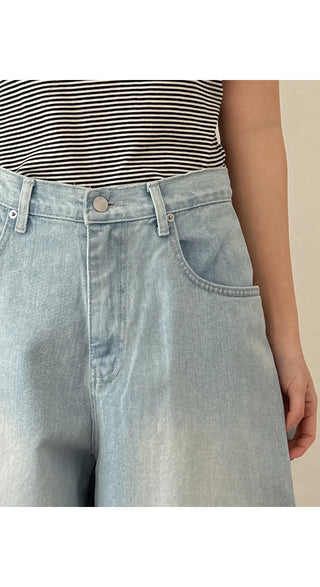 Psel Light Blue Balloon Curved Back Elastic Washed Wide Denim Pants Jeans