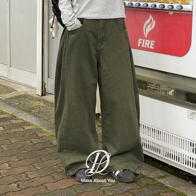 Kadenku Folding Side Pintuck Snap Two-Way Wide Back Elastic Cotton Pants