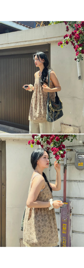 Nila Vintage Flower Lace Cotton Layered Flare Bustier Strappy Sleeveless Mini Dress