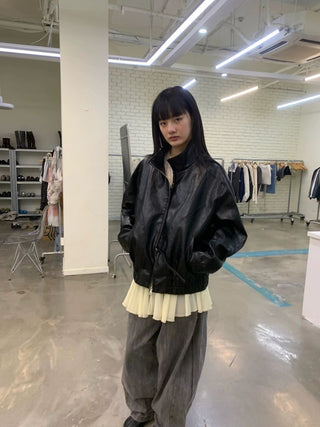 [NEVERSEEZ] Stand Collar Oversized PU Jacket