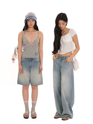 [Moromoro2] Rhinestone Bow Embroidered  Denim