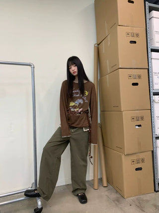 [NEVERSEEZ] Linen Blend Layered Neckline Long Sleeve Tee