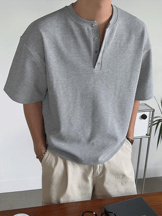 Enough Waffle Henley Neck Semi-Crop T-shirt