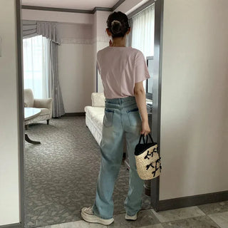 Washed light denim pants