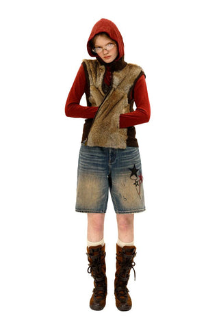 [Moromoro2] Star Plaid Patch Washed Straight  Jeans