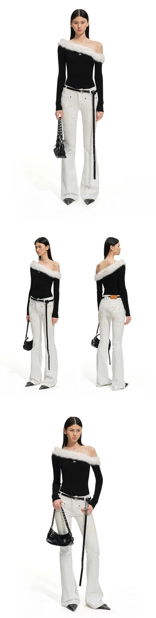 [NOTAWEAR] Fur Trim Off-Shoulder Knit Top