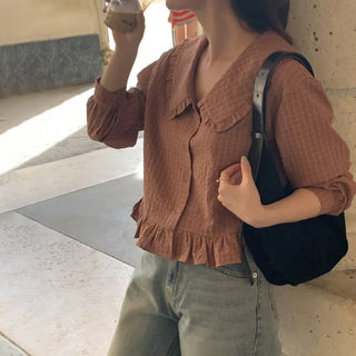 Autumn sailor collar frill check blouse