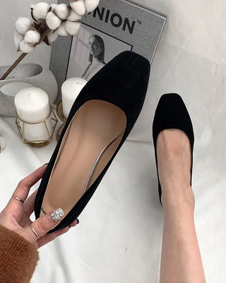 (3 colors) Suede Square Toe Mid-Heel Pumps