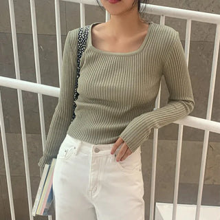 Square neck ribbed long-sleeve knit