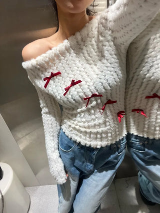 Red ribbon wave mink off-shoulder top
