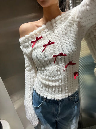 Red ribbon wave mink off-shoulder top