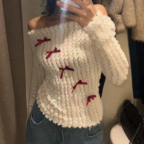 Red ribbon wave mink off-shoulder top