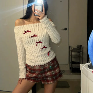 Red ribbon wave mink off-shoulder top