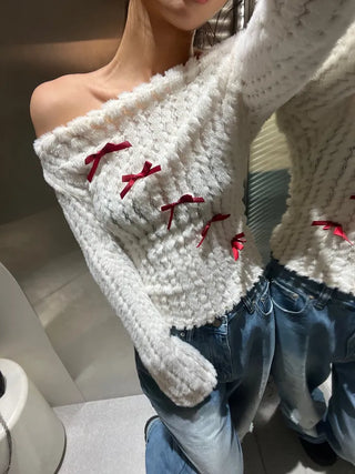 Red ribbon wave mink off-shoulder top