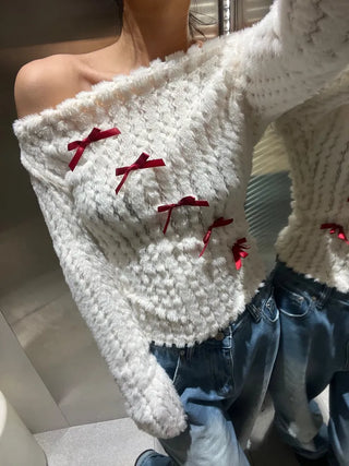 Red ribbon wave mink off-shoulder top
