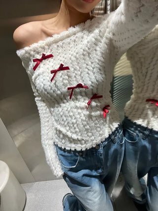 Red ribbon wave mink off-shoulder top