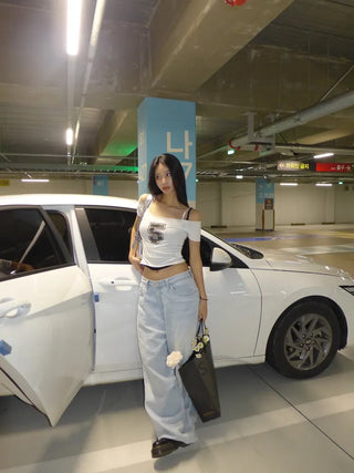 Camo 5 Cutting Off-Shoulder Crop Tee