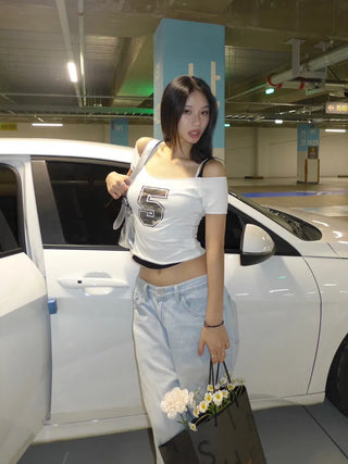 Camo 5 Cutting Off-Shoulder Crop Tee