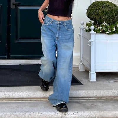 Check damage back ripped wide denim
