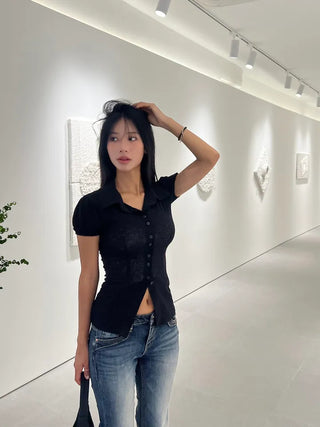 Volume see-through puff blouse