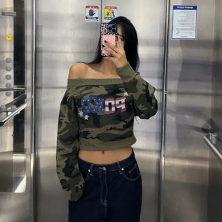 Pio camo eyelet off-shoulder top