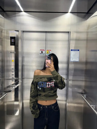 Pio camo eyelet off-shoulder top
