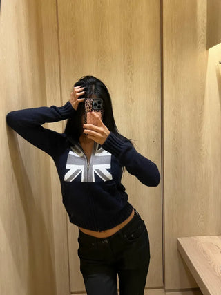 Union Jack bouclé knit hooded zip-up