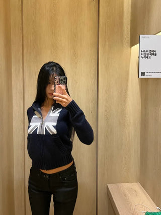 Union Jack bouclé knit hooded zip-up