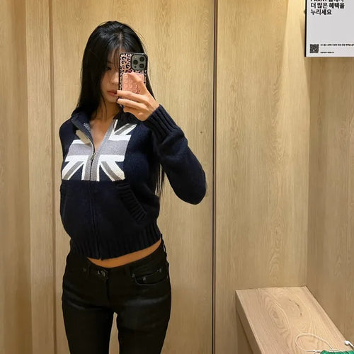 Union Jack bouclé knit hooded zip-up