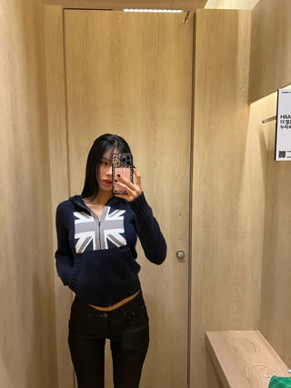 Union Jack bouclé knit hooded zip-up