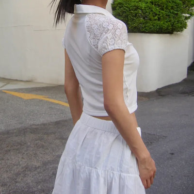 Sabae Lace Short Sleeve Collar Zip-Up