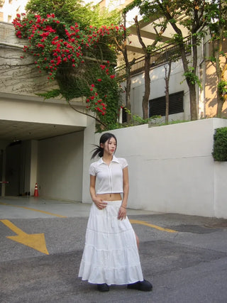 Sabae Lace Short Sleeve Collar Zip-Up