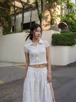 Sabae Lace Short Sleeve Collar Zip-Up
