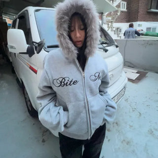 Bite me two-way fleece hooded zip-up