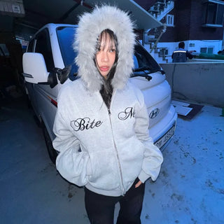 Bite me two-way fleece hooded zip-up