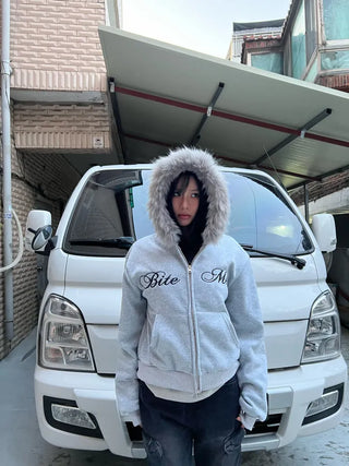 Bite me two-way fleece hooded zip-up