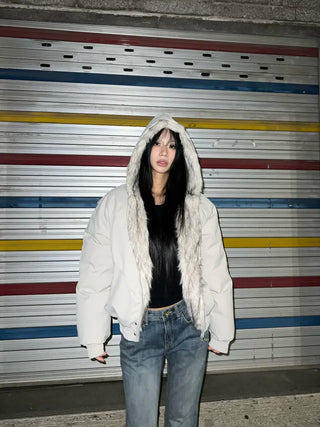 Rose fur hooded padded jacket
