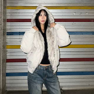 Rose fur hooded padded jacket