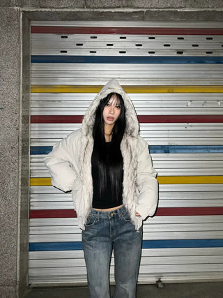 Rose fur hooded padded jacket