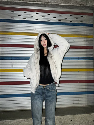 Rose fur hooded padded jacket