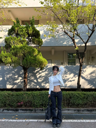 Trimming Button Crop Long Sleeve T-Shirt