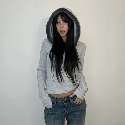 Fur trimming mink fleece hoodie