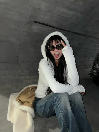 Fur trimming mink fleece hoodie