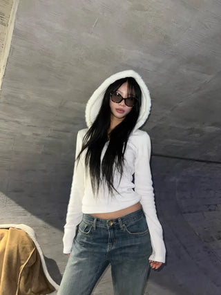 Fur trimming mink fleece hoodie