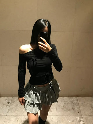Raina Ribbon Half-Shoulder Long-Sleeve T-Shirt