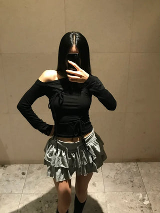 Raina Ribbon Half-Shoulder Long-Sleeve T-Shirt