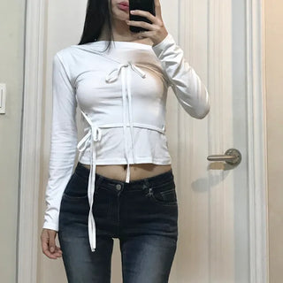 Raina Ribbon Half-Shoulder Long-Sleeve T-Shirt
