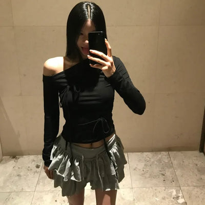 Raina Ribbon Half-Shoulder Long-Sleeve T-Shirt