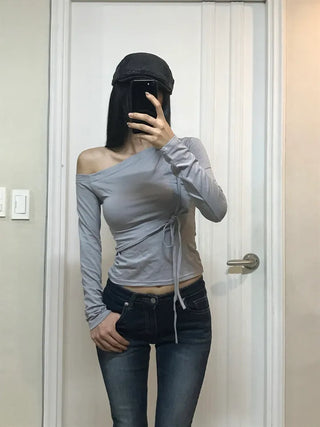 Raina Ribbon Half-Shoulder Long-Sleeve T-Shirt