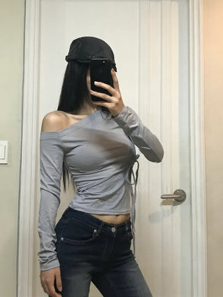 Raina Ribbon Half-Shoulder Long-Sleeve T-Shirt